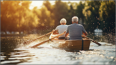 Two seniors happily rowing on a scenic lake