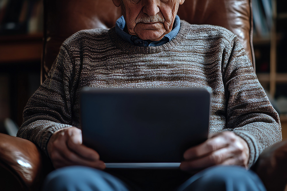 Close up of elderly man sitting and looking at iPad